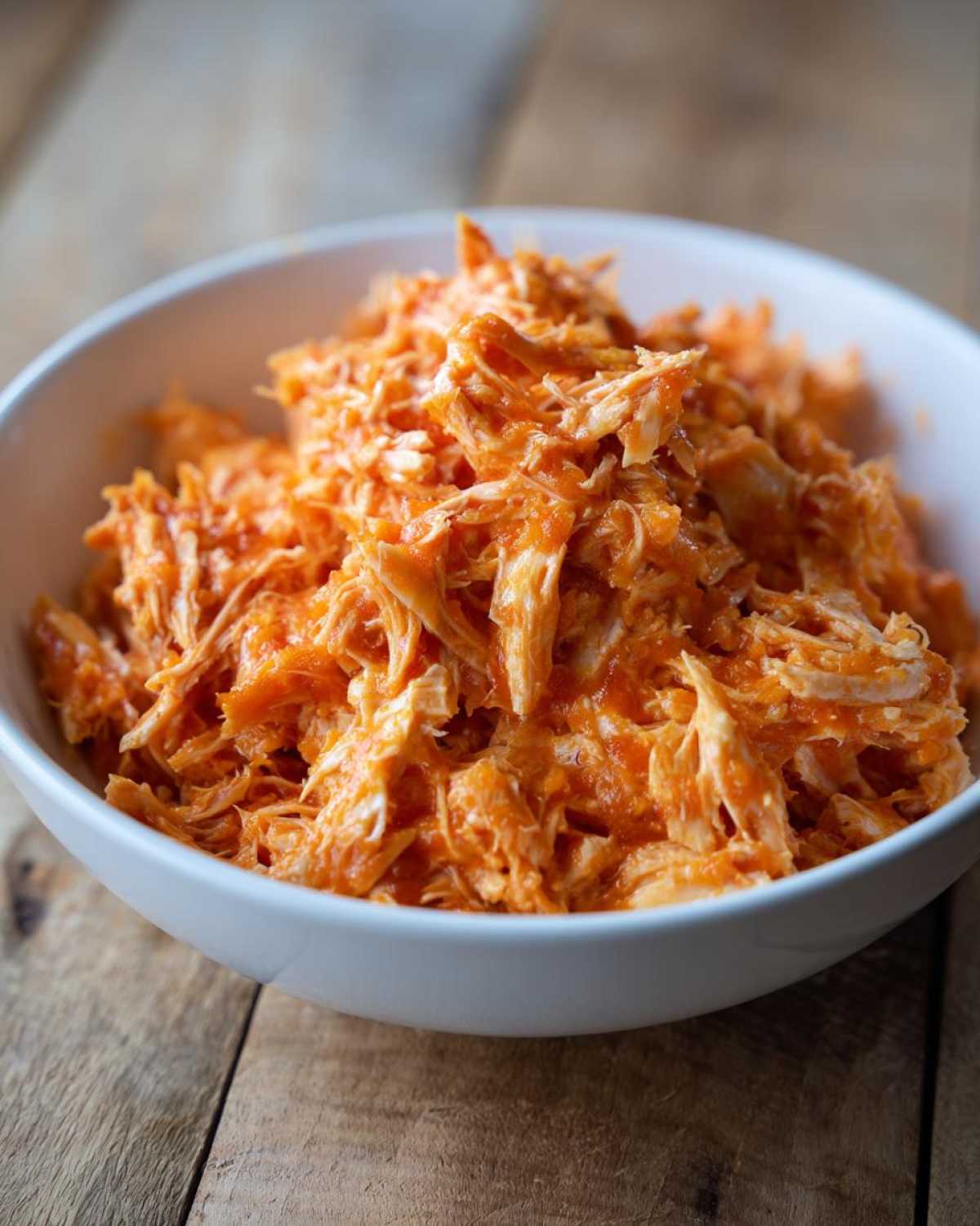 Close-up of shredded buffalo chicken tossed in bright orange sauce, served in a white bowl.