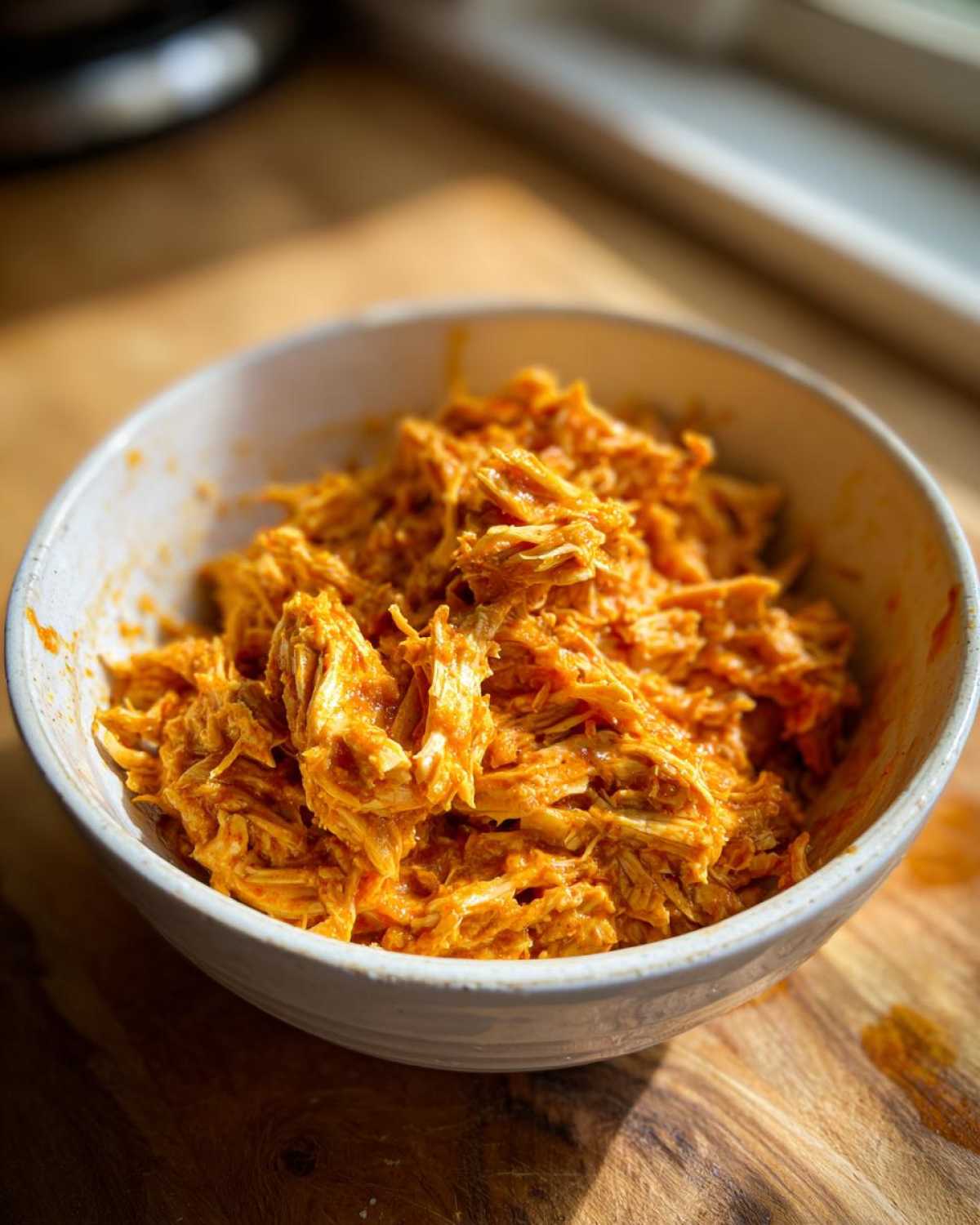 Close-up of shredded buffalo chicken tossed in bright orange sauce inside a light-colored bowl.