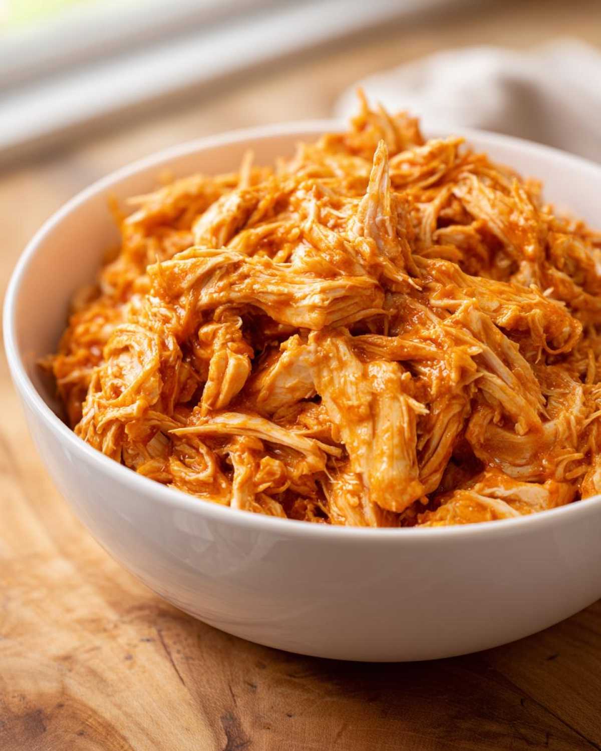 Close-up of shredded buffalo chicken coated in orange sauce, served in a white bowl.