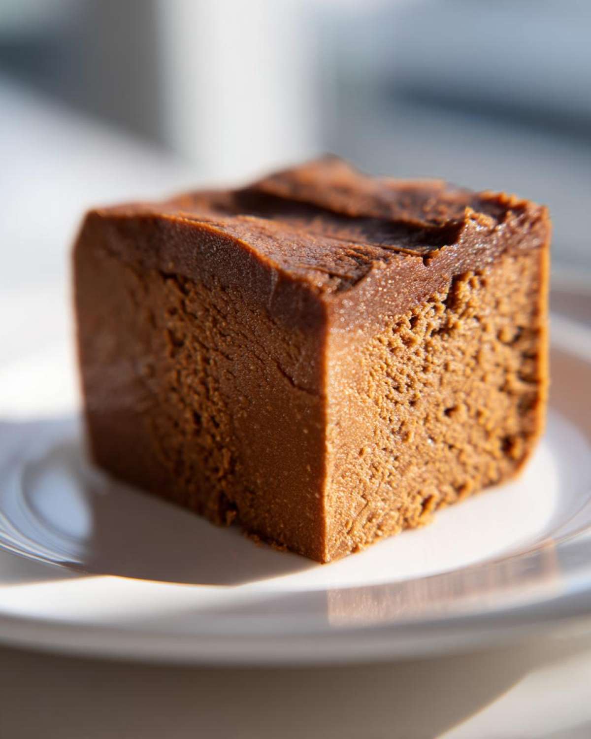 Close-up of a single, rich brown square of penuche fudge resting on a white plate.