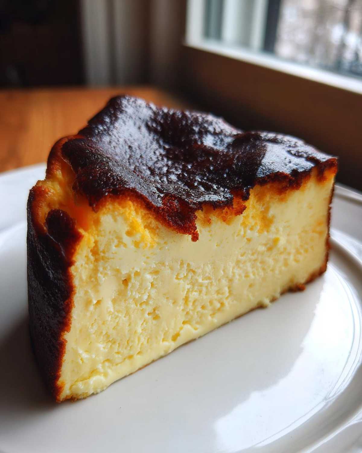 A close-up slice of creamy basque cheesecake showing its signature dark, caramelized top and soft interior.