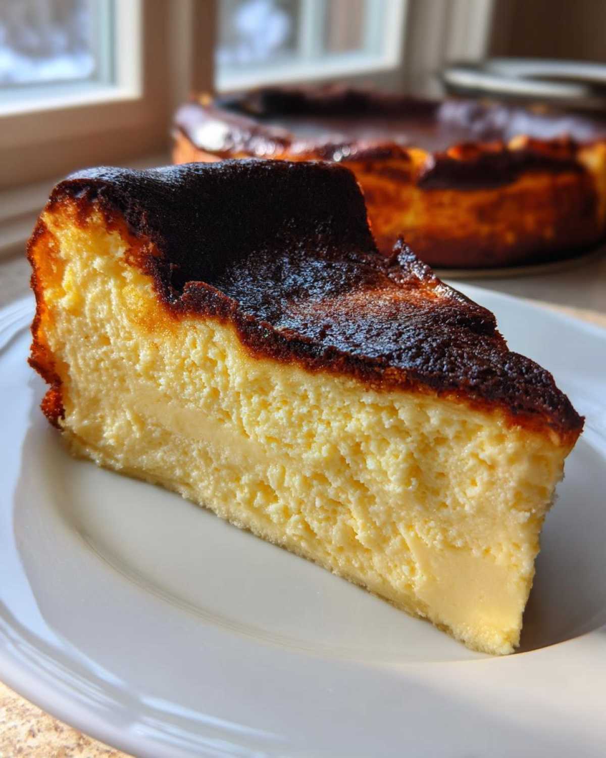 A thick slice of creamy basque cheesecake featuring a deeply caramelized, burnt top, served on a white plate.