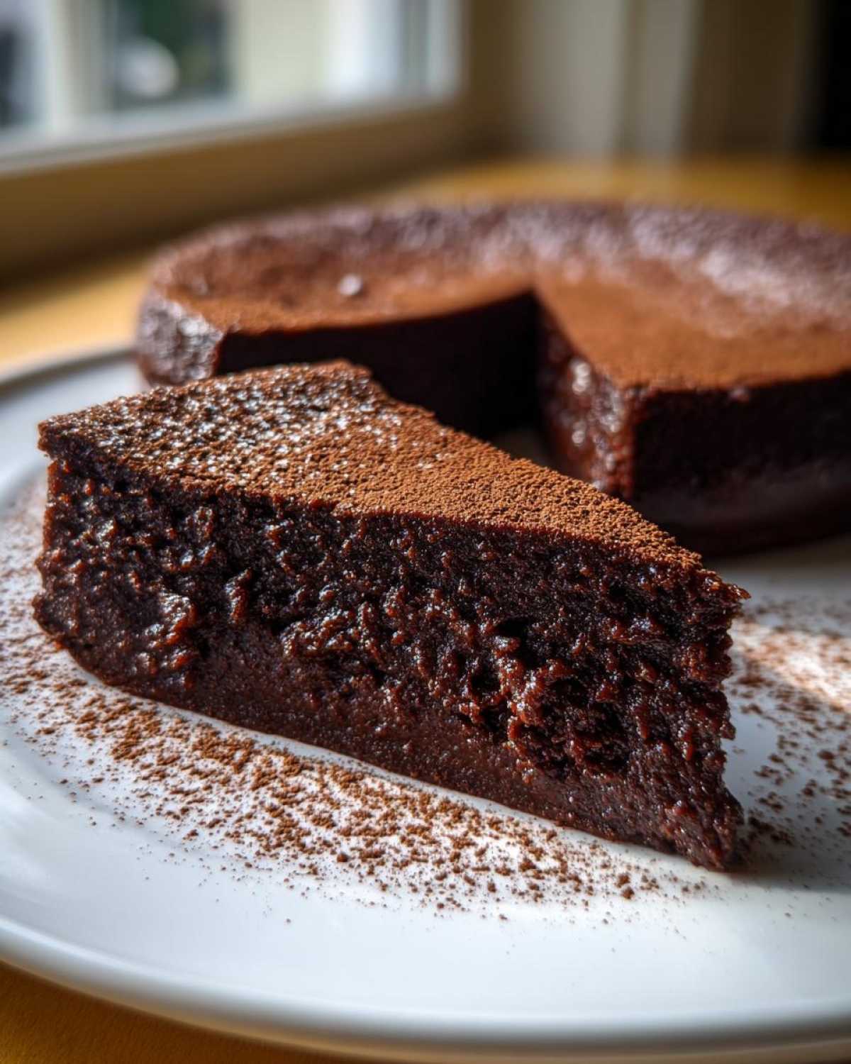 A close-up slice of dense, dark flourless chocolate torte dusted with cocoa powder on a white plate.
