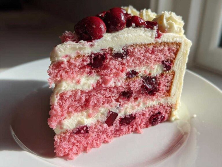 A perfect slice of pink layer Cherry Cake showing layers of pink sponge, white cream, and whole cherries, topped with fresh cherries.