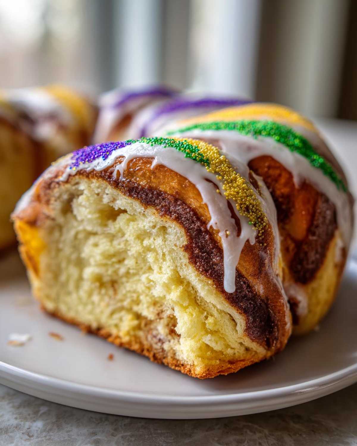 A slice of rich, brioche-style king cake showing a cinnamon swirl filling and white icing with purple, green, and gold sprinkles.