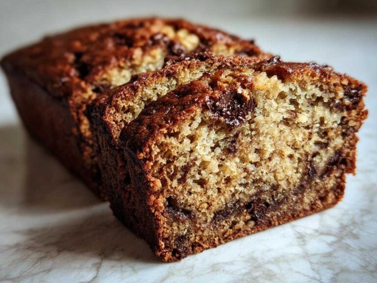 Close-up of sliced vegan banana bread loaf showing moist crumb and melted chocolate chips.