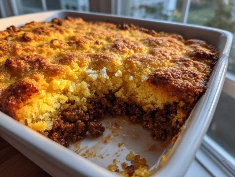 Close-up of a baked sloppy joe cornbread casserole showing the golden crust and savory meat layer.