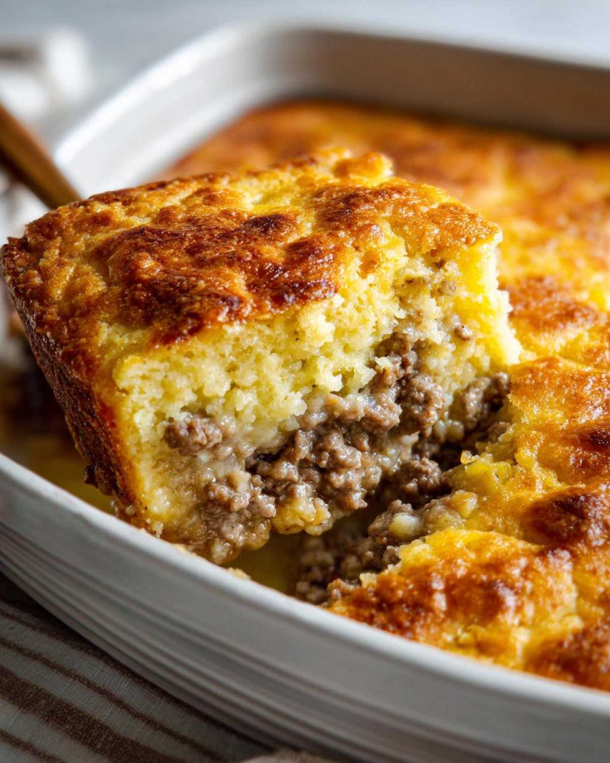 A serving spoon lifts a square piece of sloppy joe cornbread casserole showing the savory meat filling and golden cornbread top.