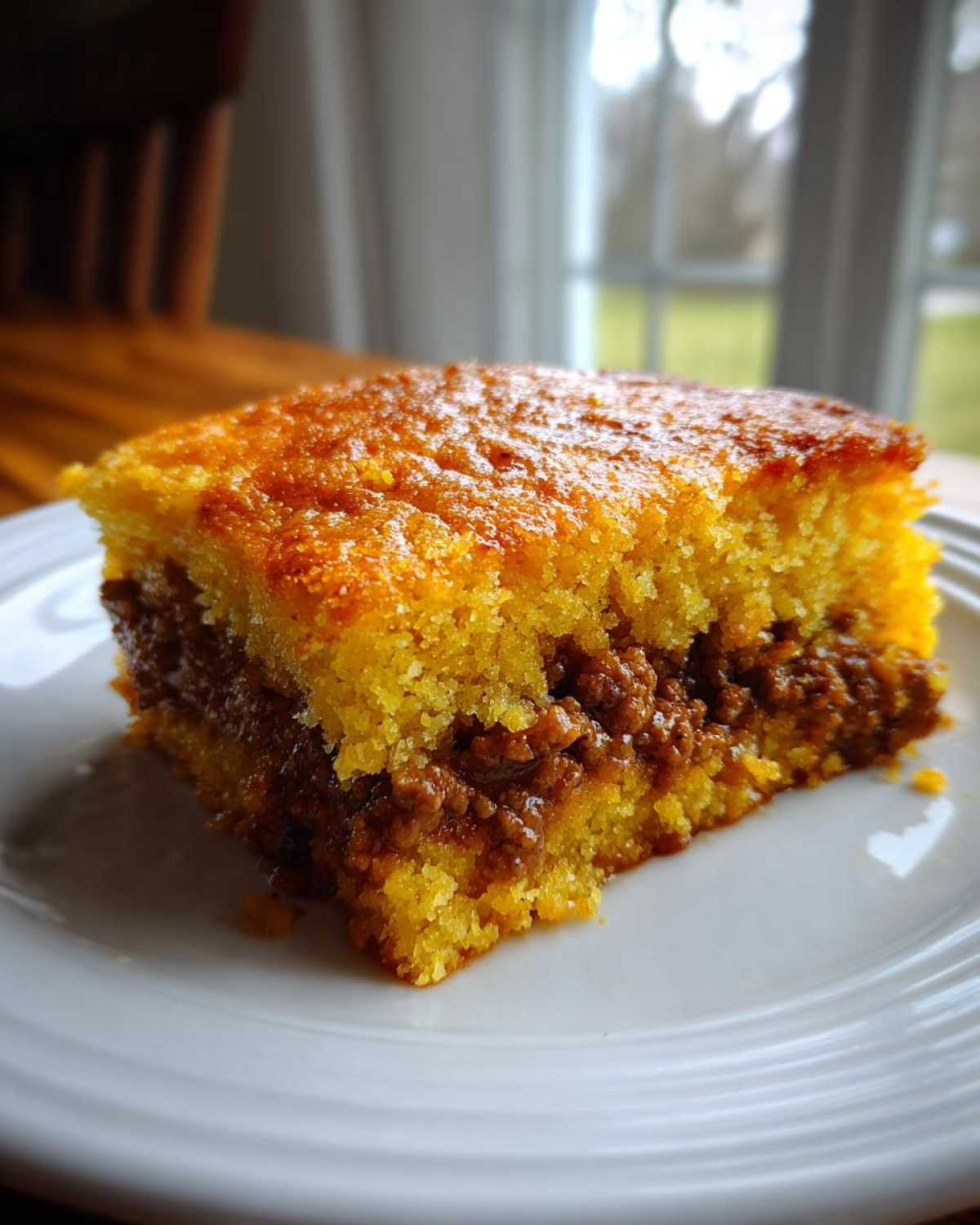 A close-up of a square slice of sloppy joe cornbread casserole showing layers of golden cornbread and savory meat filling.