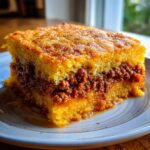 Close-up of a square slice of sloppy joe cornbread casserole showing a layer of seasoned ground meat between two layers of golden cornbread.