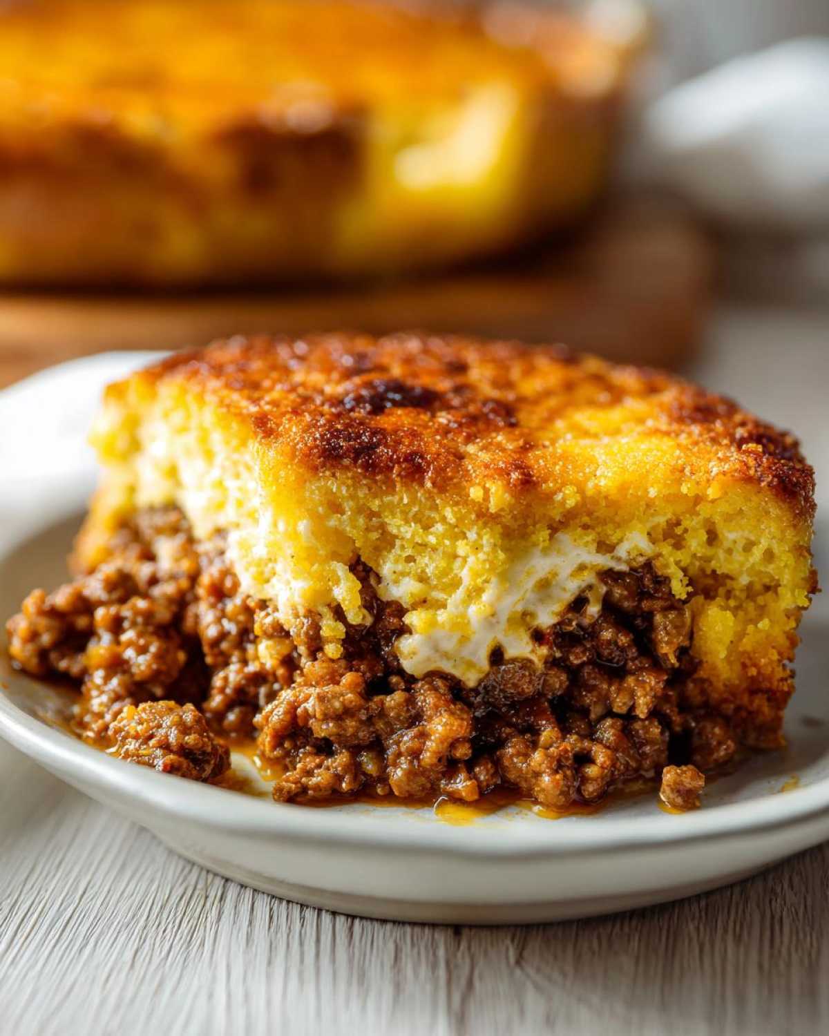 Close-up of a hearty slice of sloppy joe cornbread casserole showing the savory meat filling beneath the golden cornbread topping.