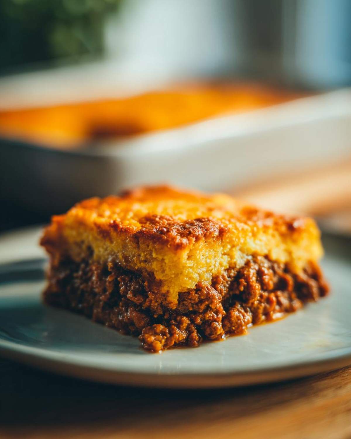 A close-up of a square slice of sloppy joe cornbread casserole on a plate, showing the rich meat base and golden cornbread topping.