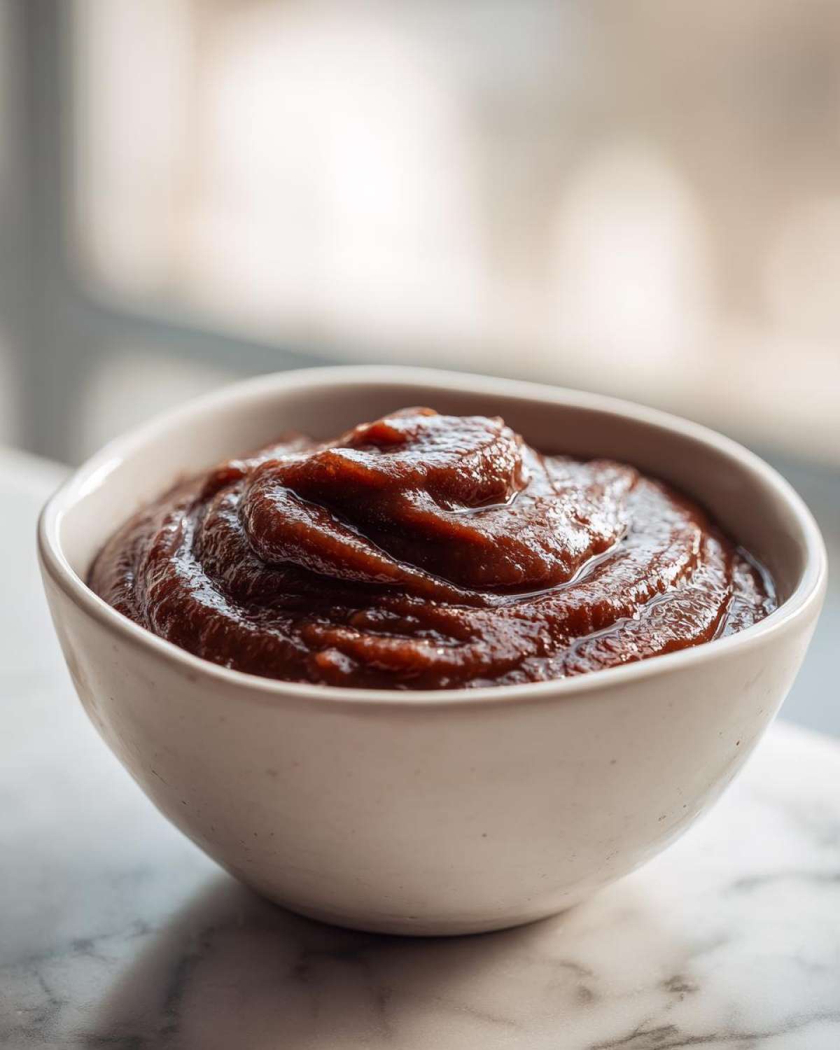 A close-up of thick, dark brown pear butter swirled high in a small white bowl.