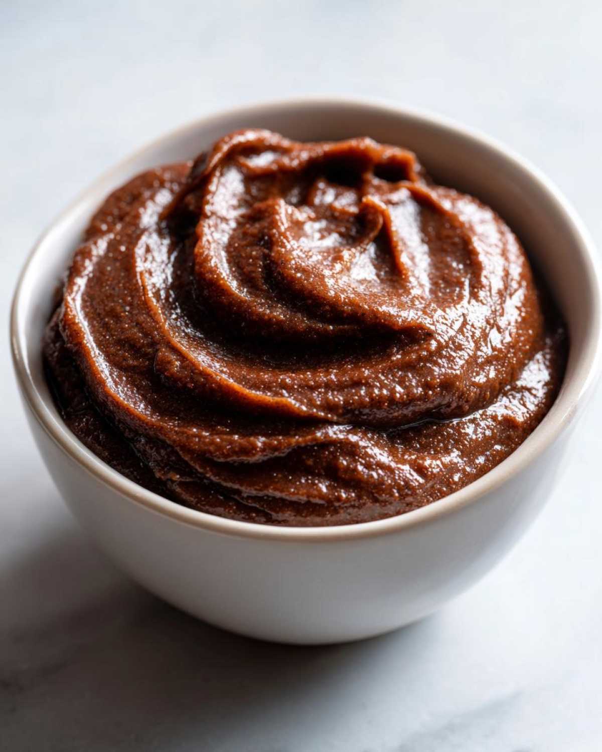 Close-up of thick, dark brown pear butter swirled beautifully in a small white ceramic bowl.