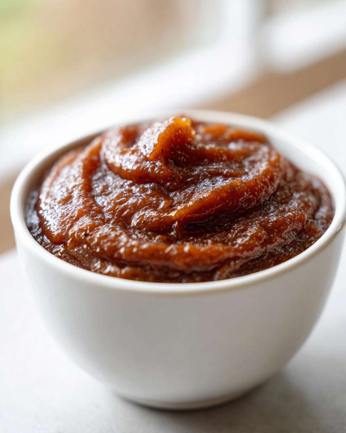 Close-up of thick, dark brown pear butter swirled in a small white bowl.