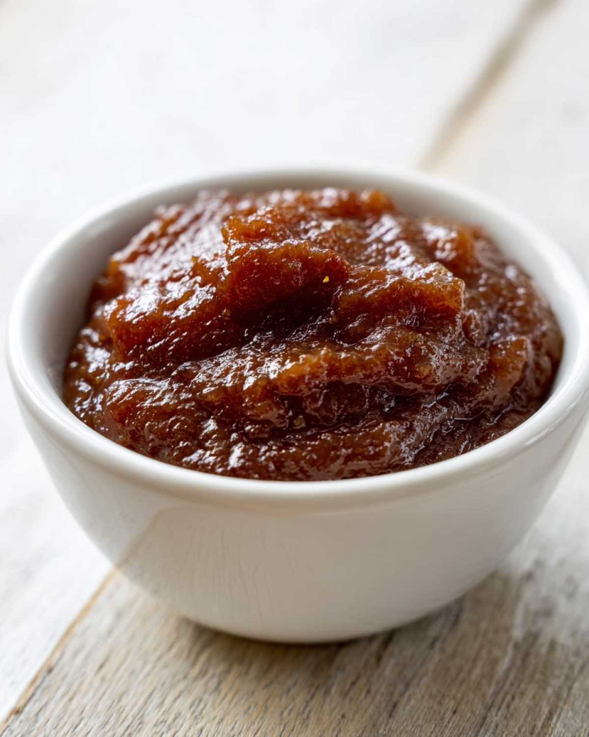 A close-up of thick, dark brown pear butter served in a small white bowl on a light wooden surface.