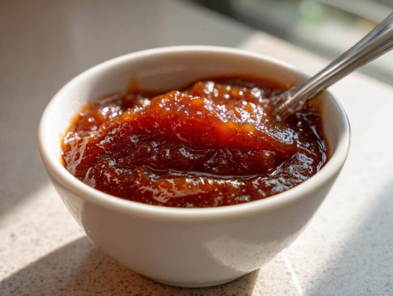 Close-up of rich, dark brown pear butter served in a small white bowl with a spoon resting inside.