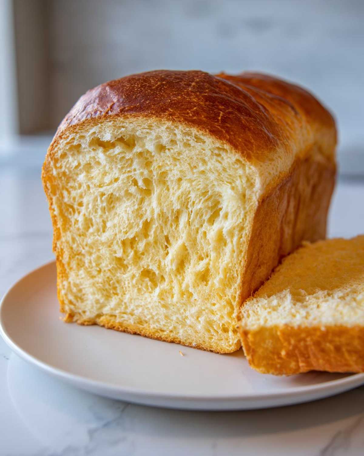 A freshly baked loaf of soft condensed milk bread, sliced open to show the fluffy, yellow interior, resting on a white plate.