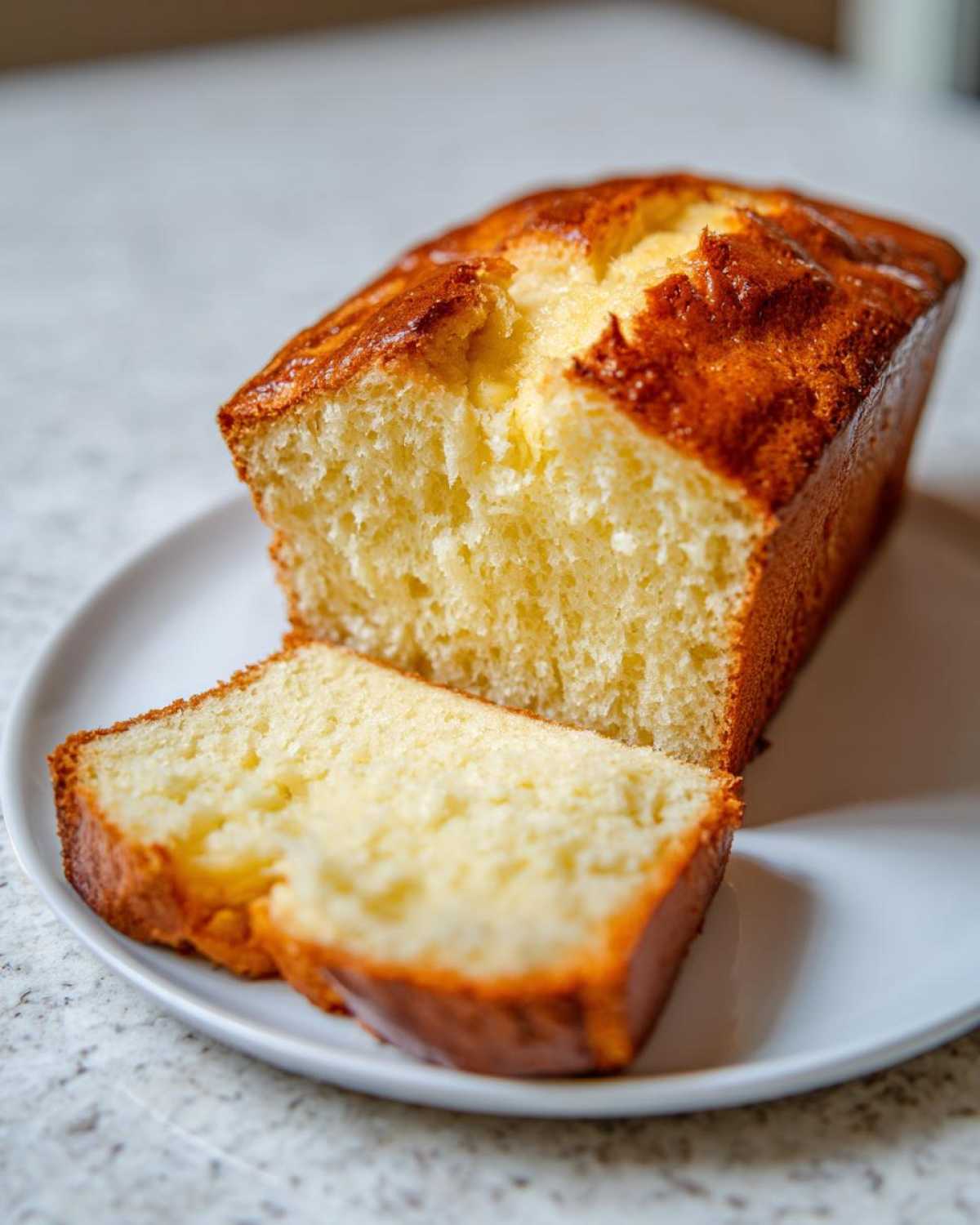 A close-up of a freshly baked condensed milk bread loaf, partially sliced, showing its soft, yellow crumb.