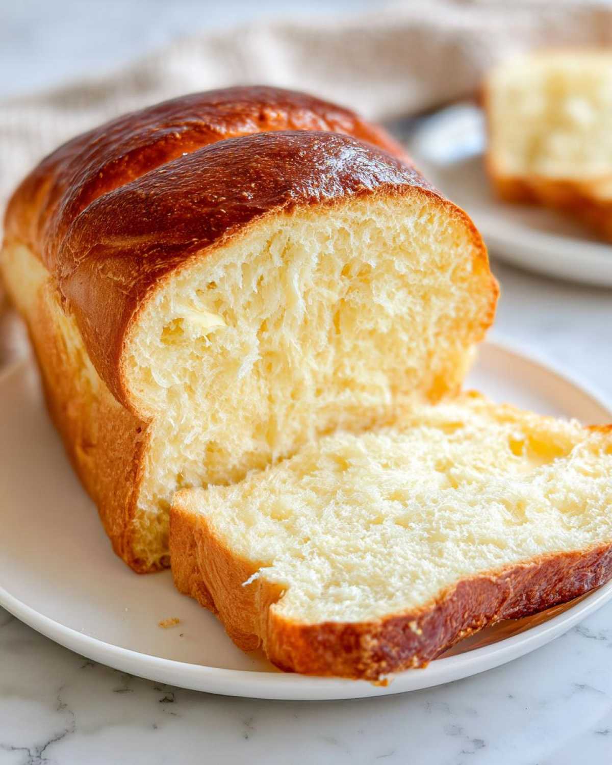Close-up of a freshly baked loaf of condensed milk bread, sliced to show its incredibly soft, fluffy interior.