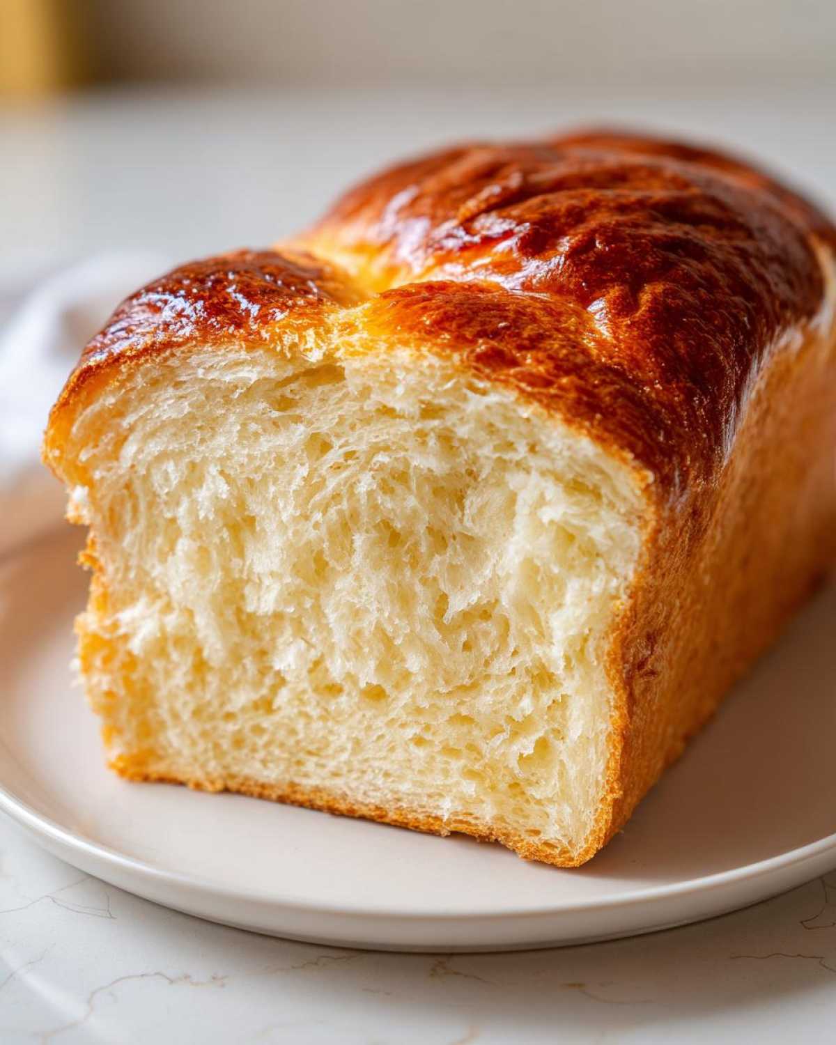 A cross-section view of a freshly baked, soft loaf of condensed milk bread with a golden, shiny crust.