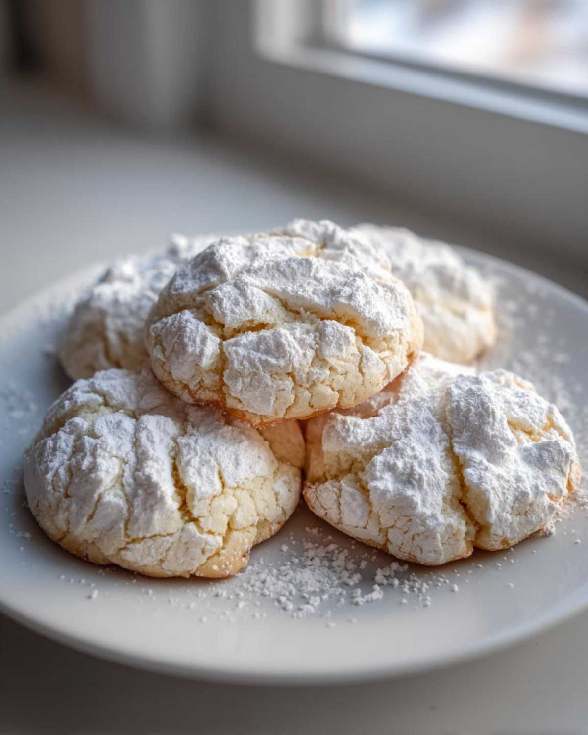 Close-up of soft, crinkle-top cool whip cookies heavily dusted with powdered sugar on a white plate.
