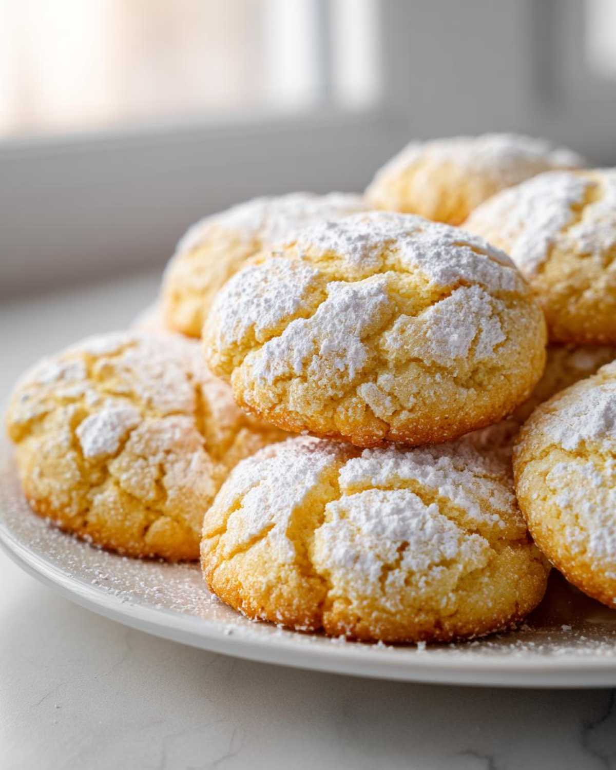 A stack of soft, crinkle-topped cool whip cookies generously dusted with powdered sugar on a white plate.