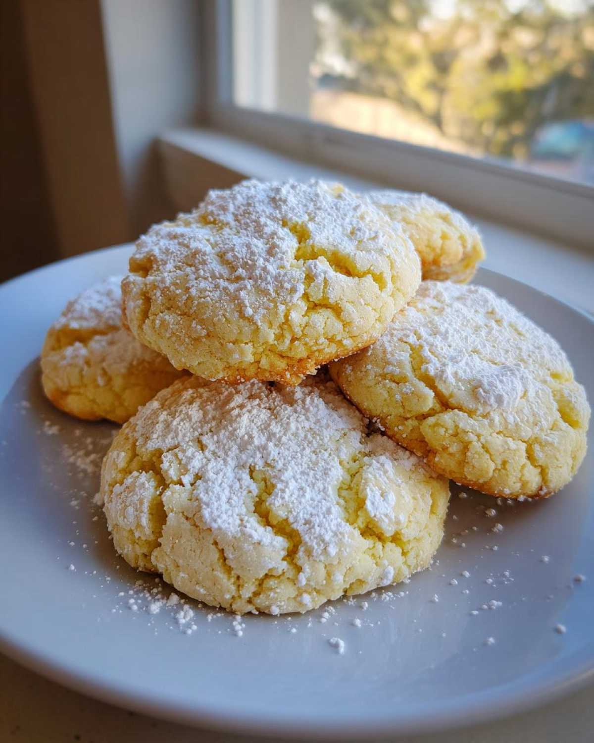A stack of soft, crinkled cool whip cookies heavily dusted with white powdered sugar on a light blue plate.