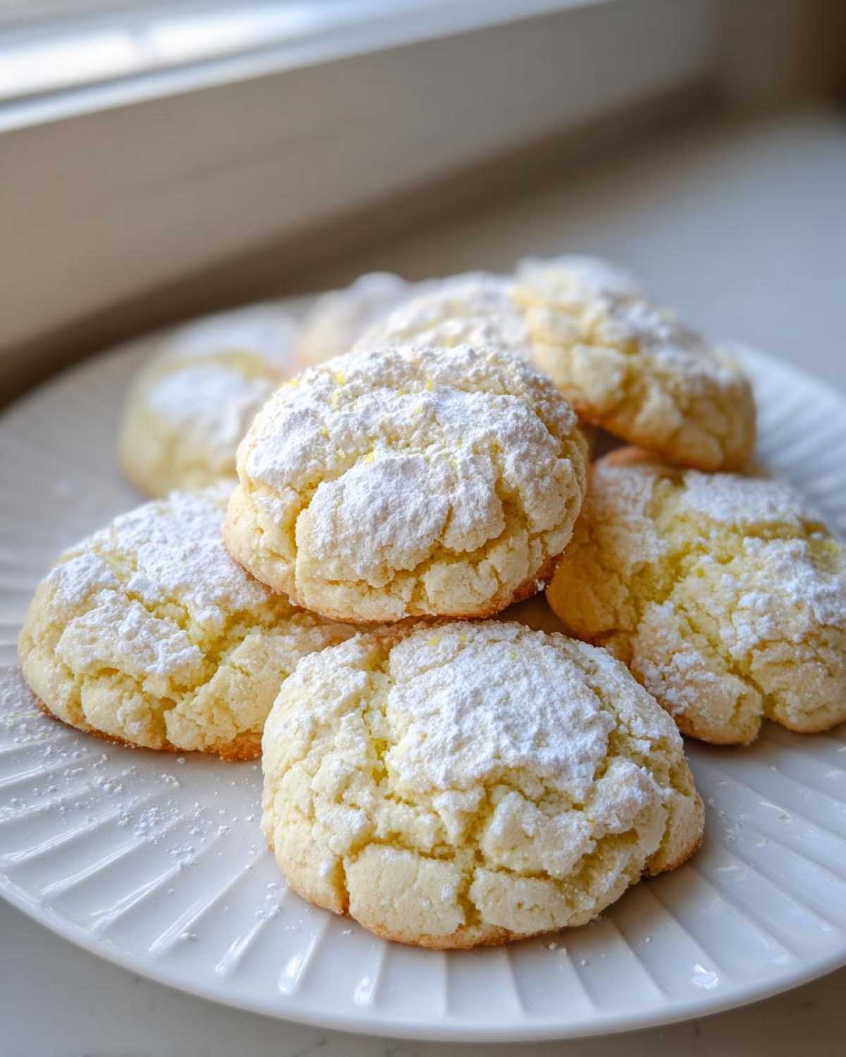 A stack of soft, crinkled cool whip cookies heavily dusted with powdered sugar on a white plate.