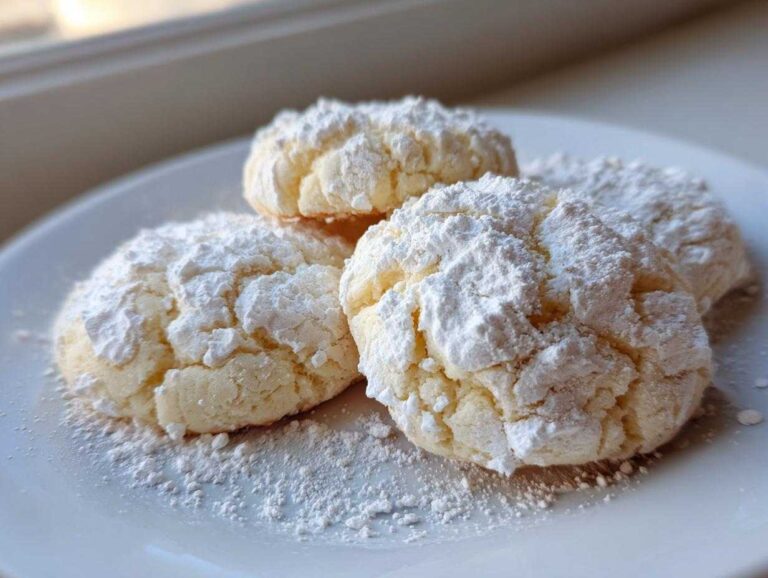 A close-up of four soft, crinkle-top cool whip cookies heavily dusted with powdered sugar on a white plate.