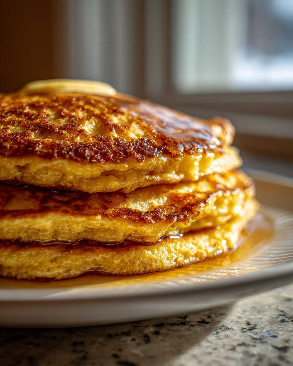 Close-up of a stack of three golden-brown coconut flour pancakes topped with melting butter and syrup.