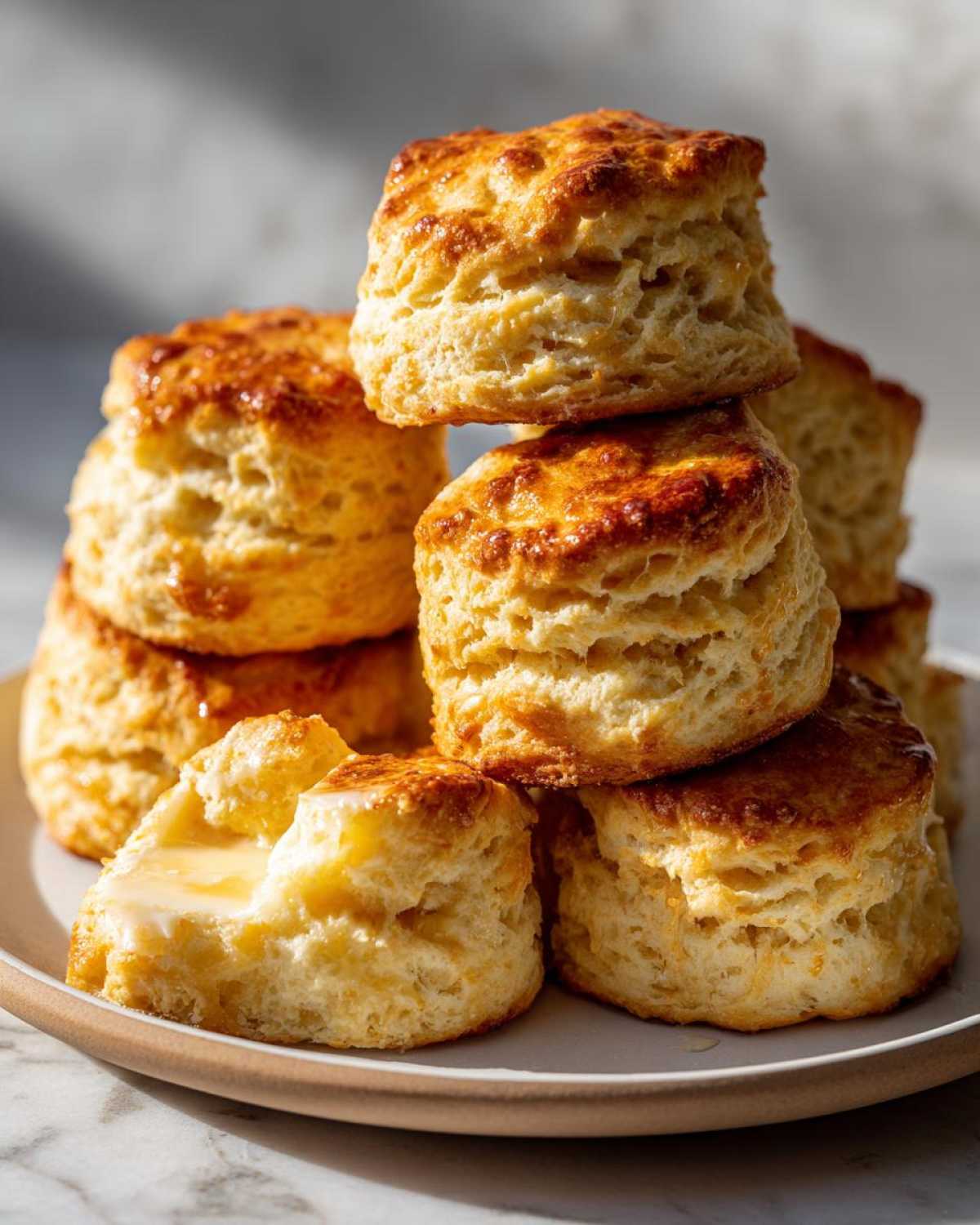 A tall stack of golden brown, flaky sweet potato biscuits, one split open with melting butter.