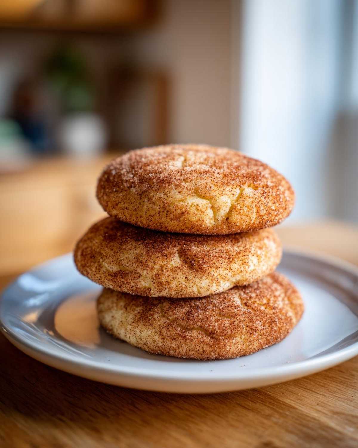 A stack of three soft, chewy snickerdoodles coated generously in cinnamon sugar, resting on a small plate.