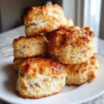 A stack of golden brown, fluffy sweet potato biscuits drizzled with a shiny glaze, sitting on a white plate.