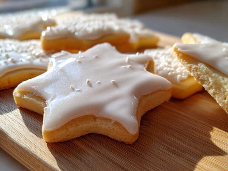 Close-up of star-shaped sugar cookies decorated with glossy white sugar cookie icing recipe.