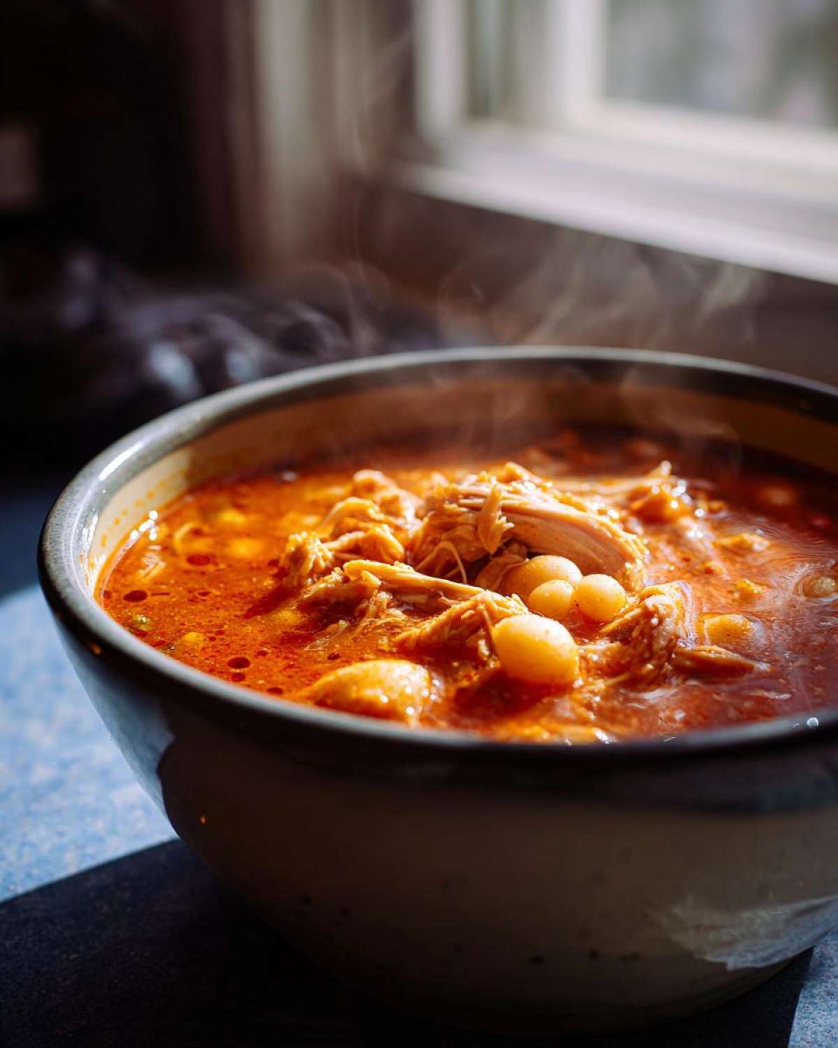A close-up of a steaming bowl of rich, red chicken pozole with shredded chicken and hominy kernels.