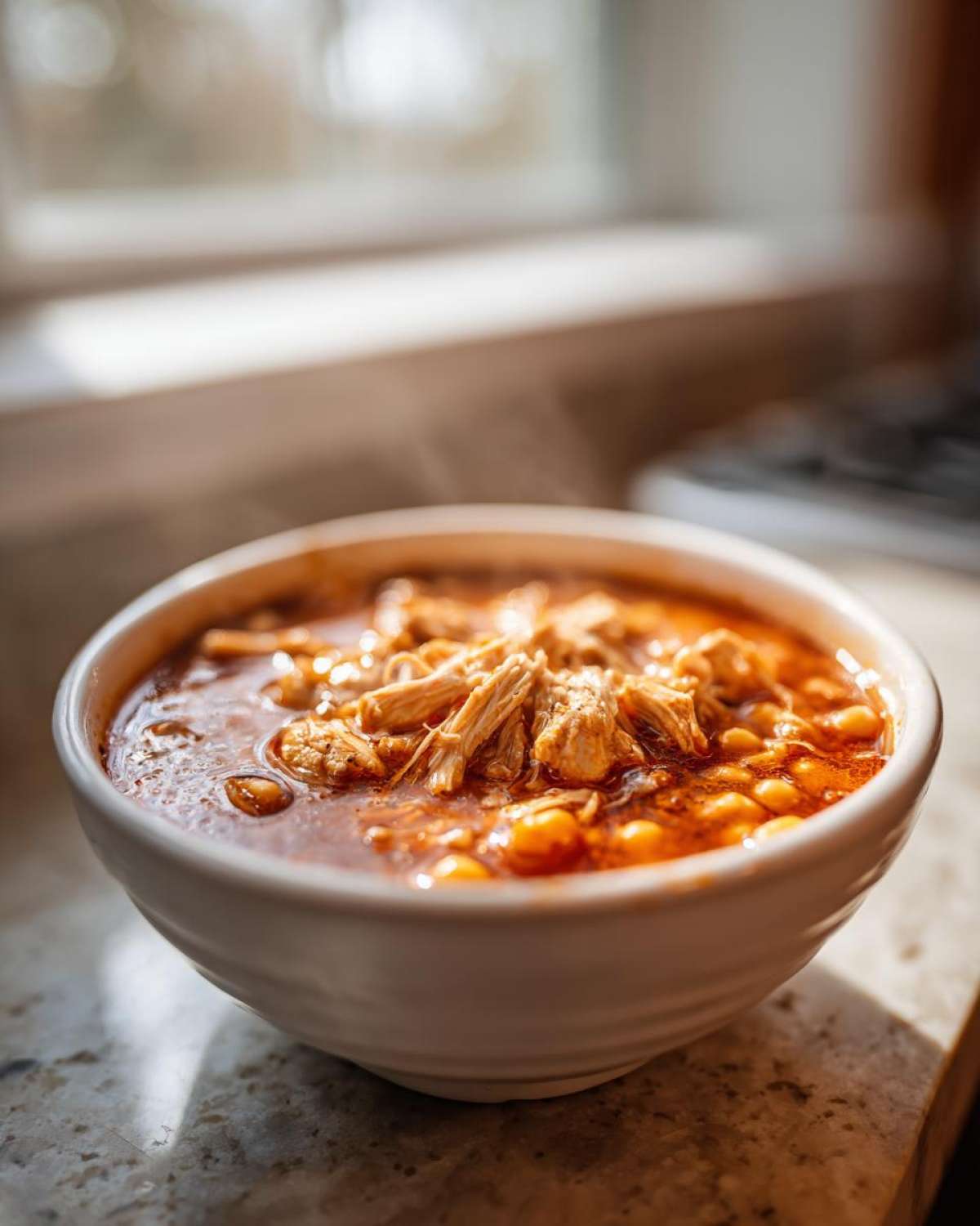 A close-up of a steaming white bowl filled with rich, red chicken pozole, featuring shredded chicken and hominy.
