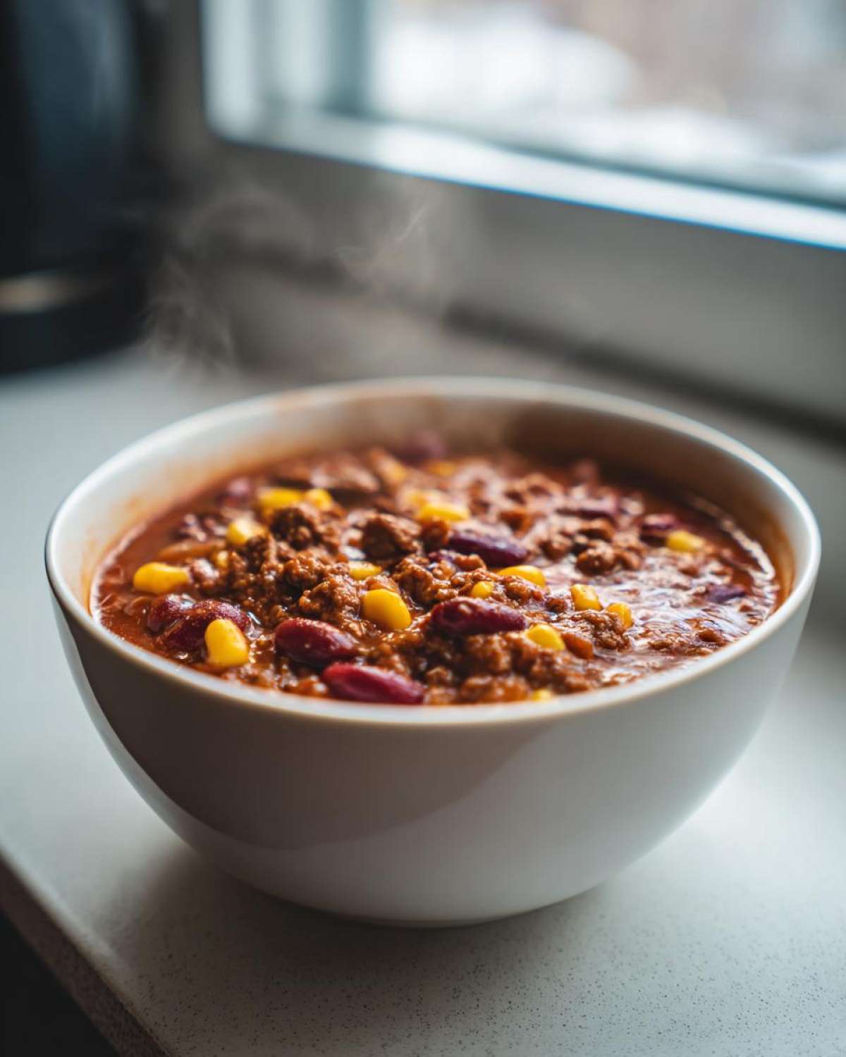 A close-up of a steaming white bowl filled with rich cowboy soup featuring ground meat, kidney beans, and corn.