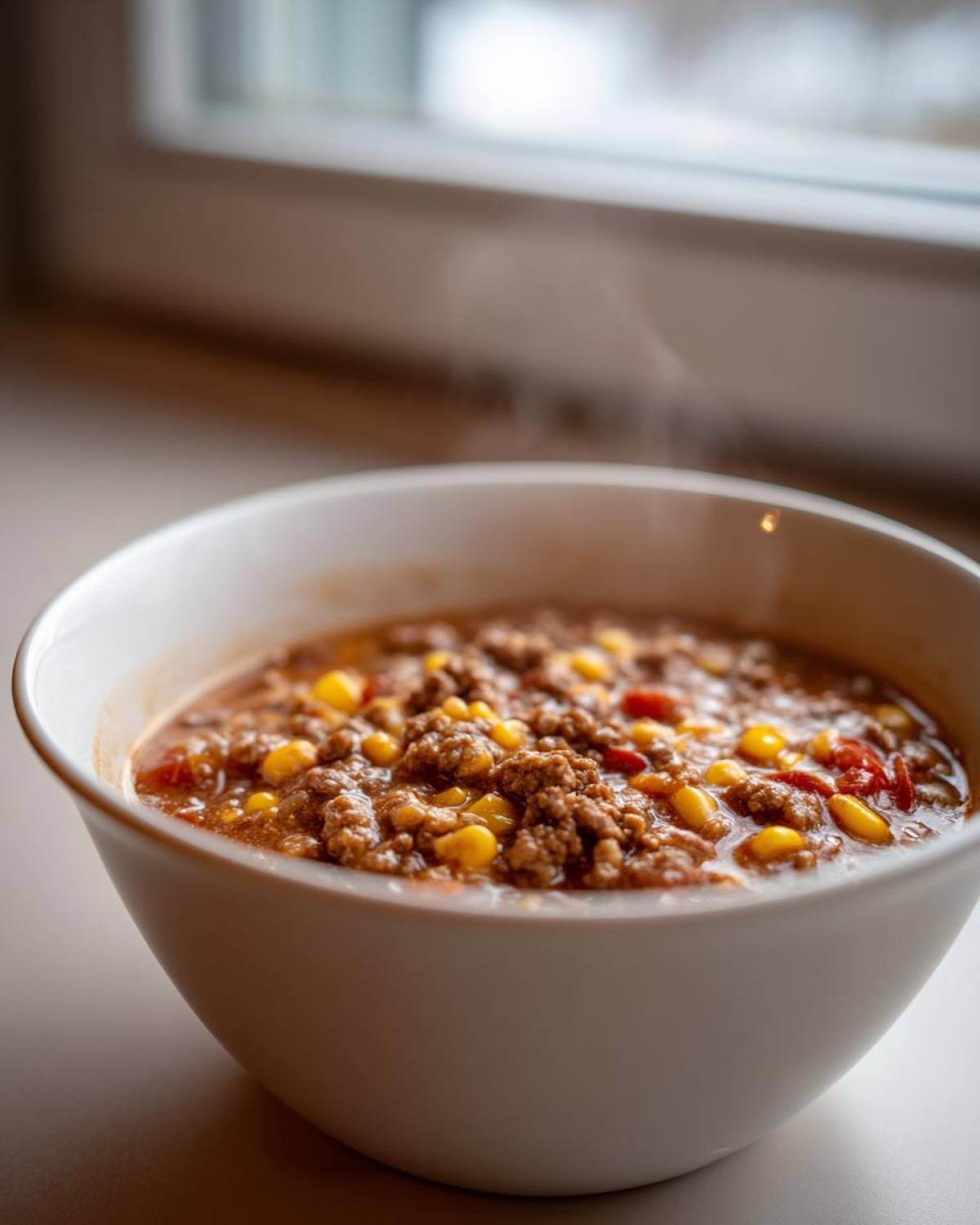 Close-up of a steaming white bowl filled with rich cowboy soup featuring ground beef and bright yellow corn kernels.