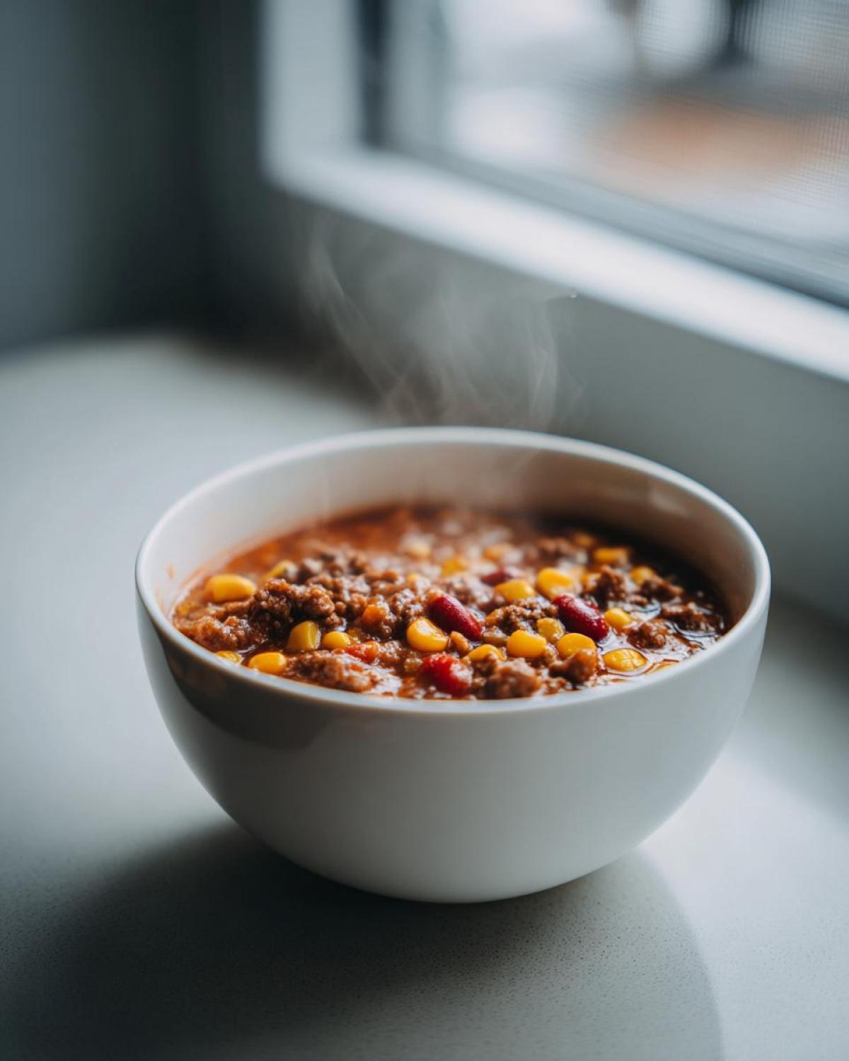 A close-up of a steaming white bowl filled with hearty cowboy soup containing ground beef, corn, and kidney beans.