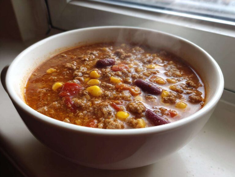 A close-up of a steaming white bowl filled with rich cowboy soup containing ground beef, corn, and kidney beans.