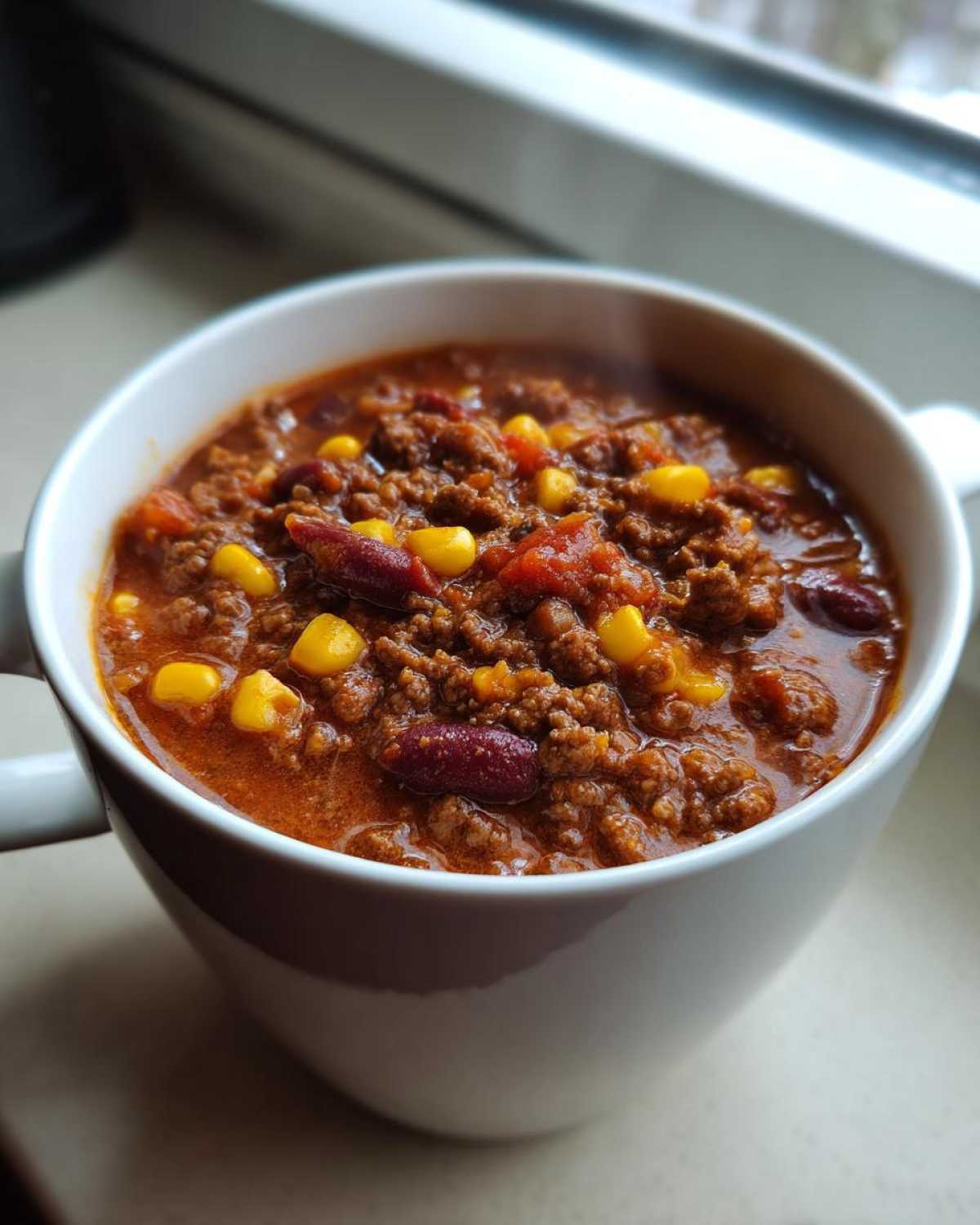 Close-up of a steaming white mug filled with hearty cowboy soup, featuring ground beef, kidney beans, and corn.