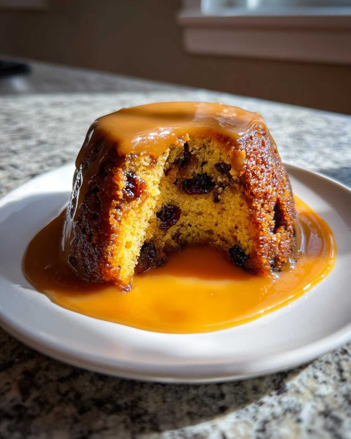 A single serving of sticky toffee pudding recipe, cut open to show raisins, drenched in rich toffee sauce.