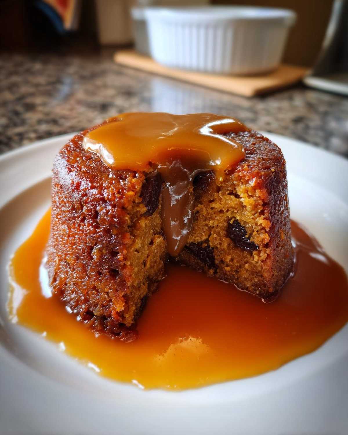 A close-up of a single serving of sticky toffee pudding recipe, drenched in rich toffee sauce.