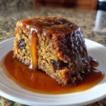 Close-up of a moist slice of sticky toffee pudding recipe covered in rich toffee sauce.