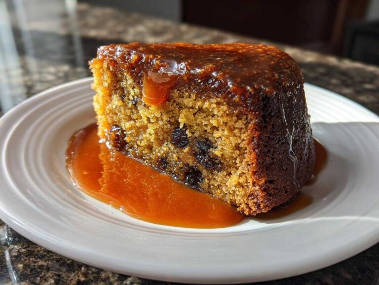 A close-up of a moist slice of sticky toffee pudding recipe covered in rich toffee sauce on a white plate.