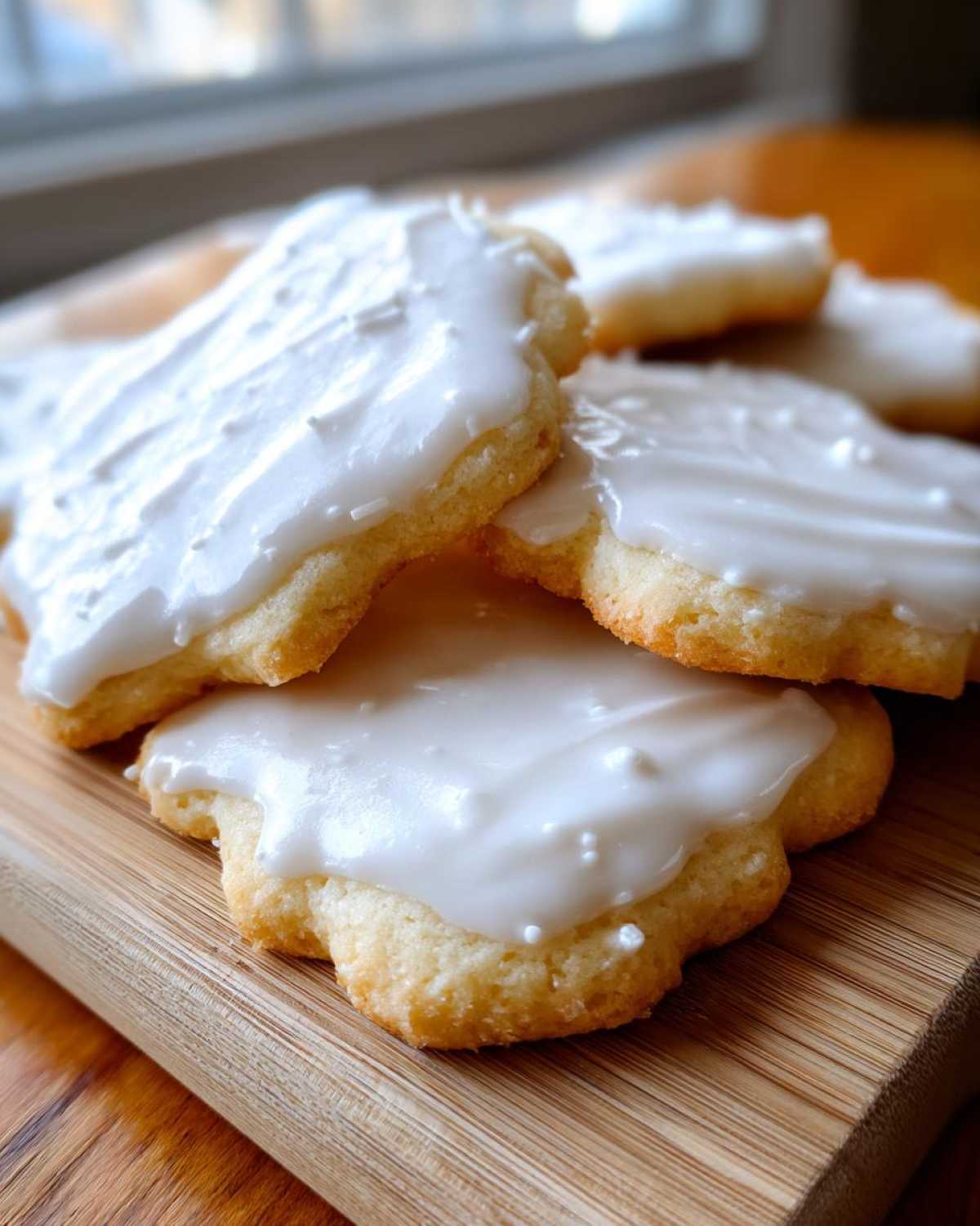 Close-up of flower-shaped sugar cookies topped with thick, glossy white sugar cookie icing recipe.