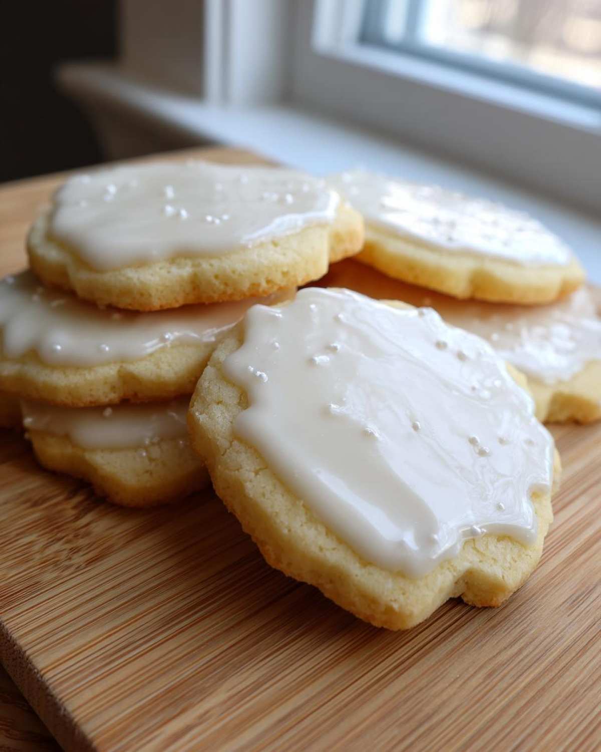 Close-up of sugar cookies topped with shiny white icing from the sugar cookie icing recipe.