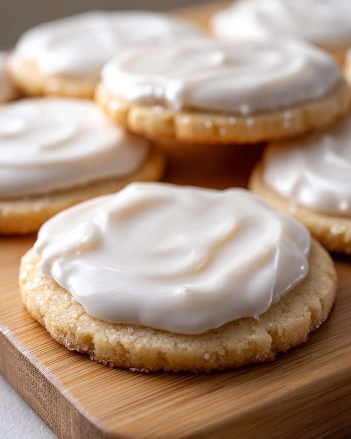 Close-up of a soft sugar cookie topped with thick, creamy white sugar cookie icing recipe.