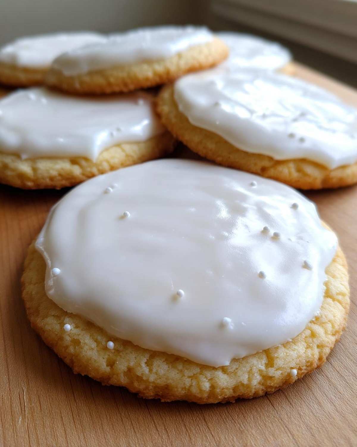 Close-up of soft sugar cookies topped with thick, glossy white sugar cookie icing recipe, sprinkled with white nonpareils.